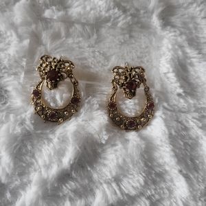 Vintage red,gold tone,drop ear rings.
